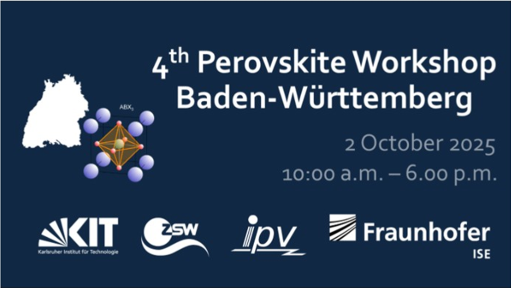 4th Perovskite Workshop Baden-Württemberg event details with logos of KIT, ZSW, IPV, and Fraunhofer ISE.
